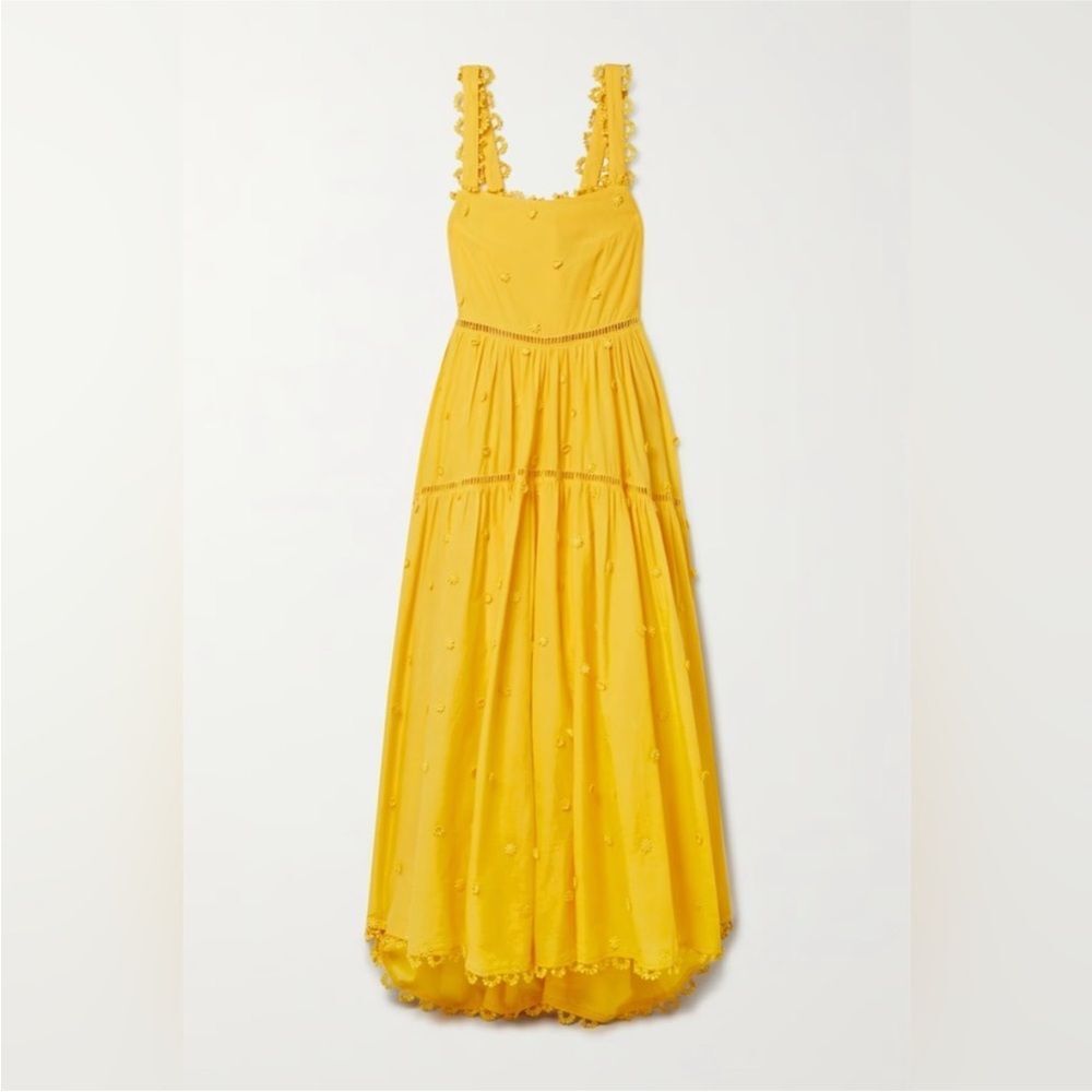 Farm Rio Yellow 3D Flowers Cotton Maxi Dress Crochet Embroidery Size M - Picture 9 of 13
